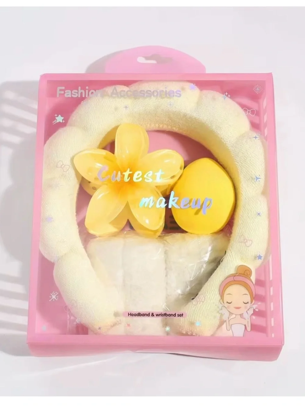 Kids Plush Yellow Headband & Flower Hair Clips - Cute Makeup Set